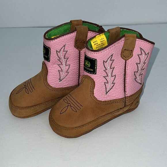 John Deere Infant Baby Girl Cowgirl Boots Pink Tan Leather Size 4 Soft Sole Grip - Picture 3 of 13